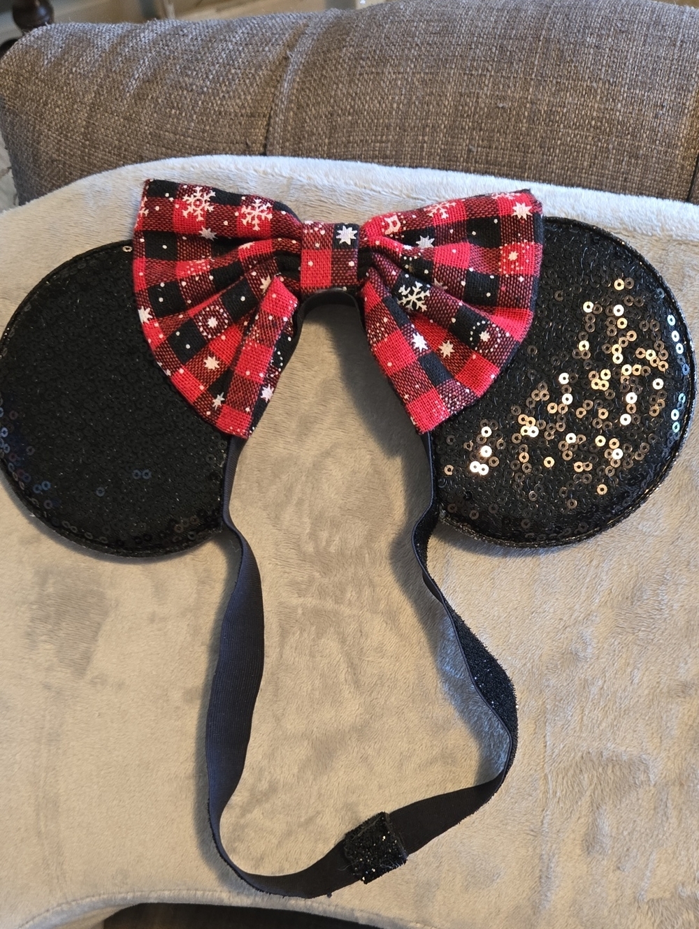 Sequin Black Minnie Ears Headband with Red Plaid Bow
